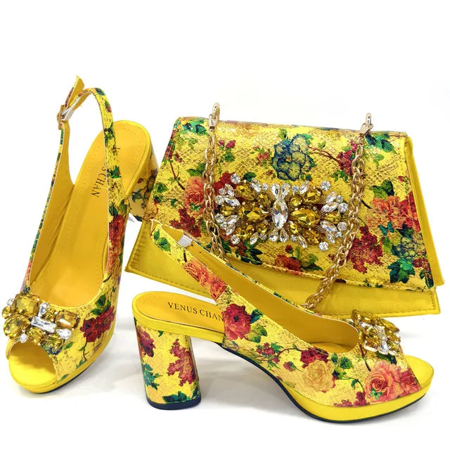 African Flower Heels and Clutch Bag Set