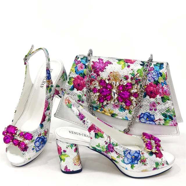 African Flower Heels and Clutch Bag Set