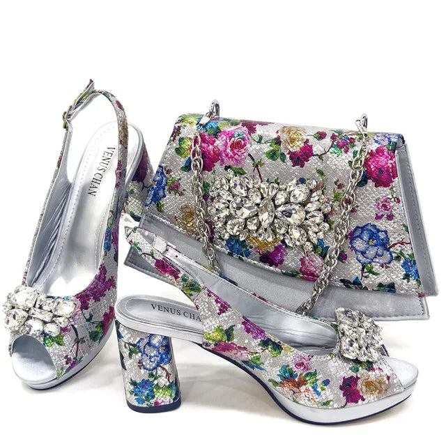 African Flower Heels and Clutch Bag Set