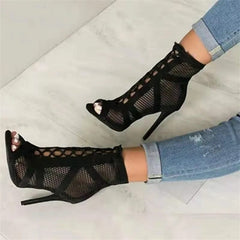 Black Net Fabric Cross Strap High Heel