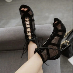 Black Net Fabric Cross Strap High Heel