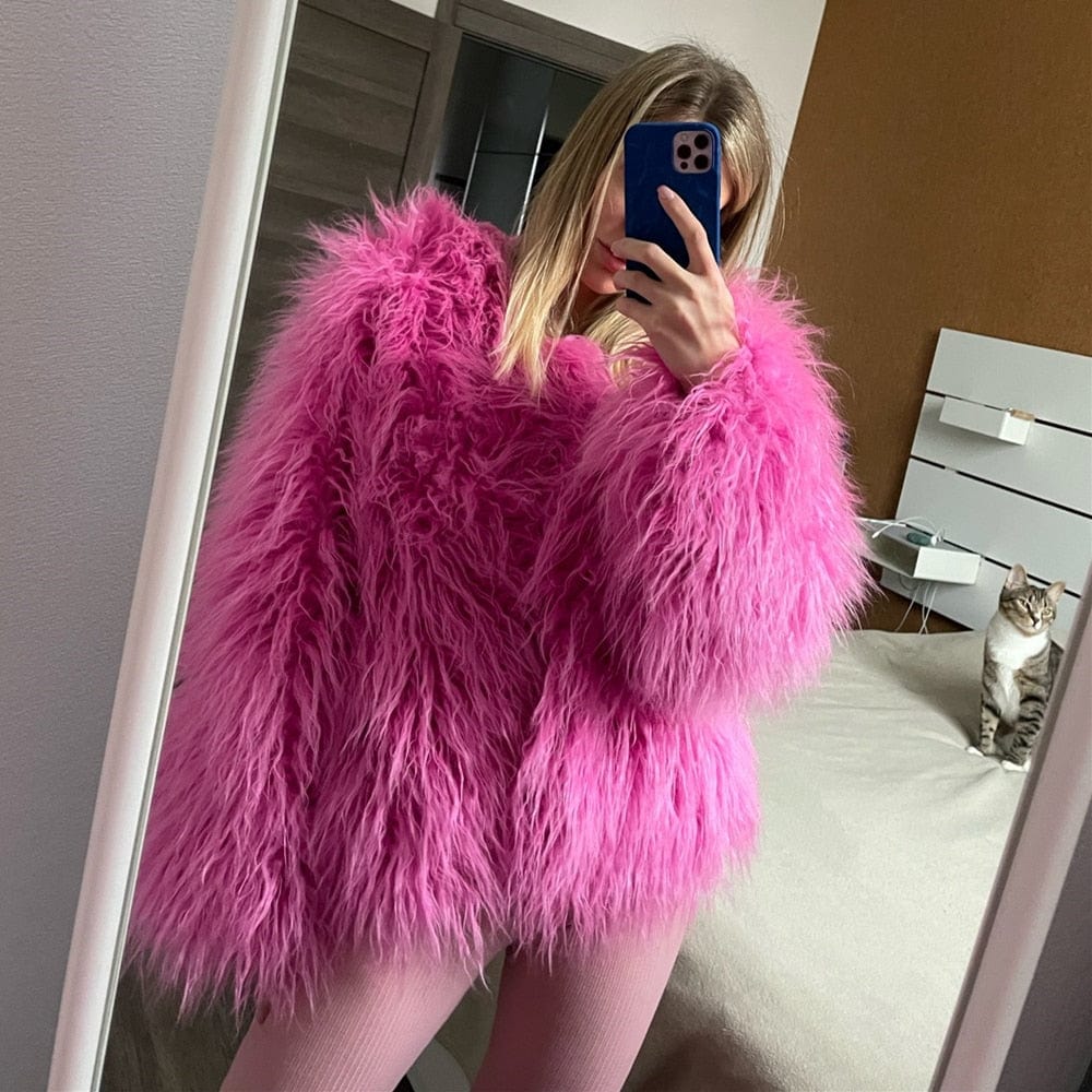 Top Fashion Pink Faux Fur Jacket