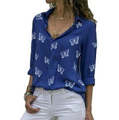 Butterfly Printing Loose Lapel Blouse - For Women USA