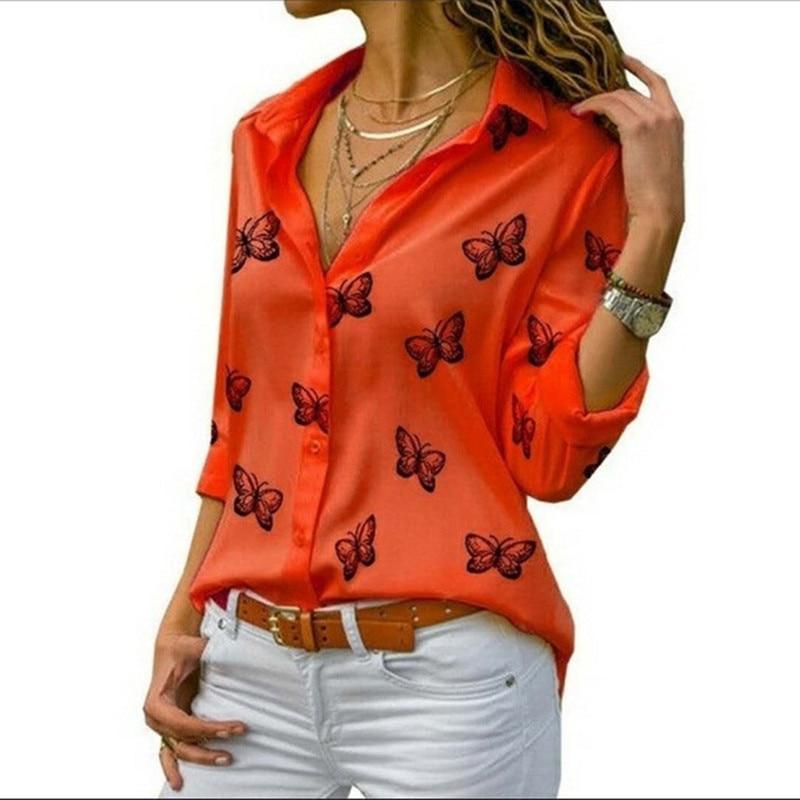 Butterfly Printing Loose Lapel Blouse - For Women USA