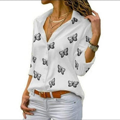 Butterfly Printing Loose Lapel Blouse - For Women USA