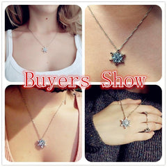 Charm Vintage lady Blue Crystal Snowflake Zircon Flower Silver Necklaces - For Women USA