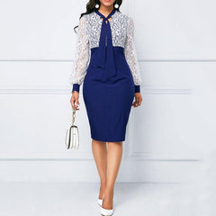 Elegant Blue Lace Puff Sleeve Dress For Women - For Women USA