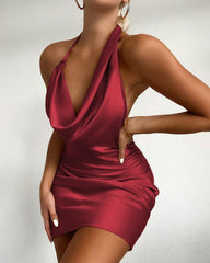 Elegant Cowl Neck Satin Red Party Mini Dress - For Women USA