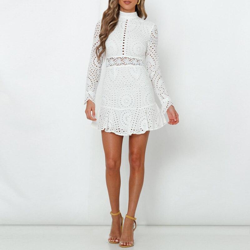 Elegant White Lace Embroidery Mini Party Dress & Long Sleeve - For Women USA