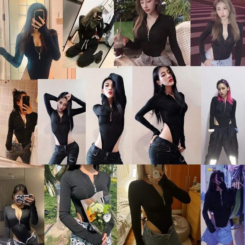 Fashion Solid Zipper Long Sleeve Rompers Bodysuits - For Women USA