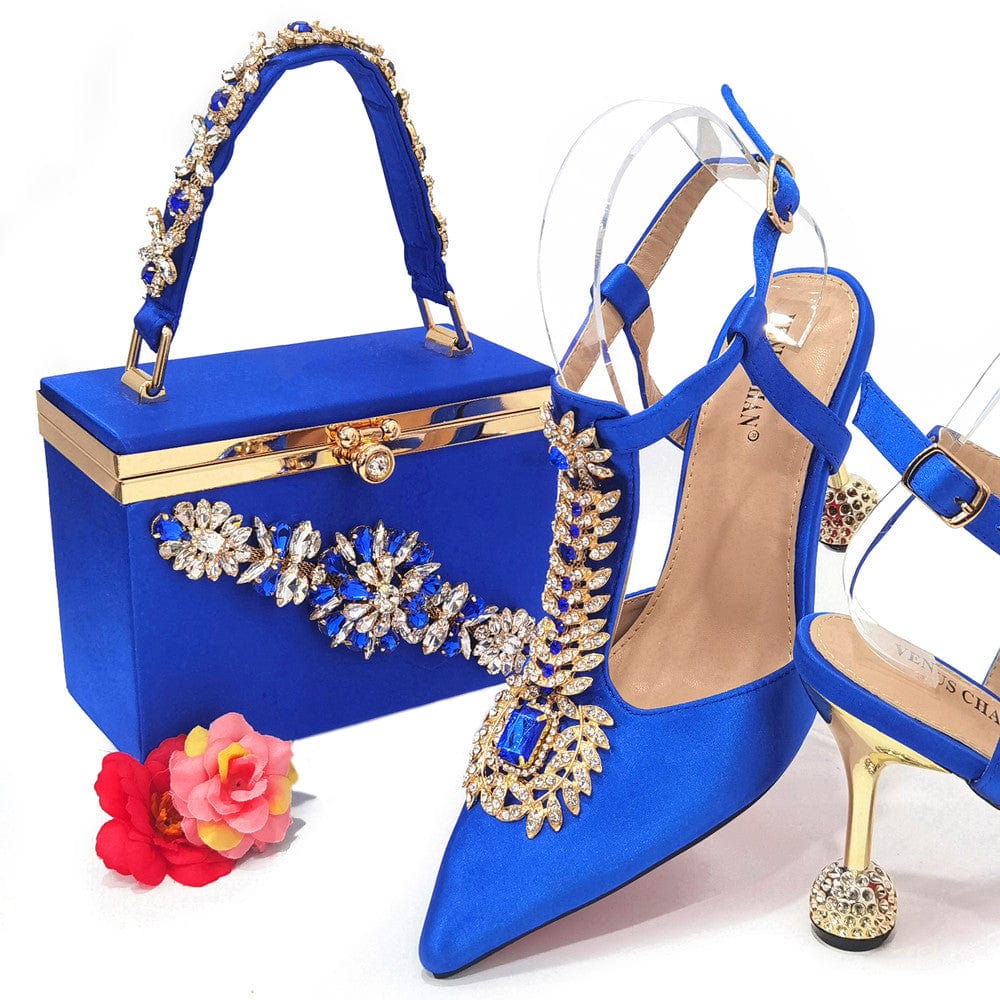 Lady's Italian Leather Shoe and Bag Set Blue Color Shoe with