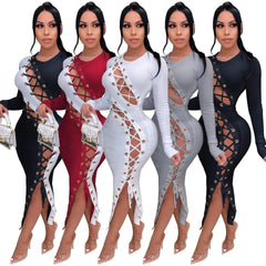 Knitted Lace Up Sexy Maxi Dress - For Women USA