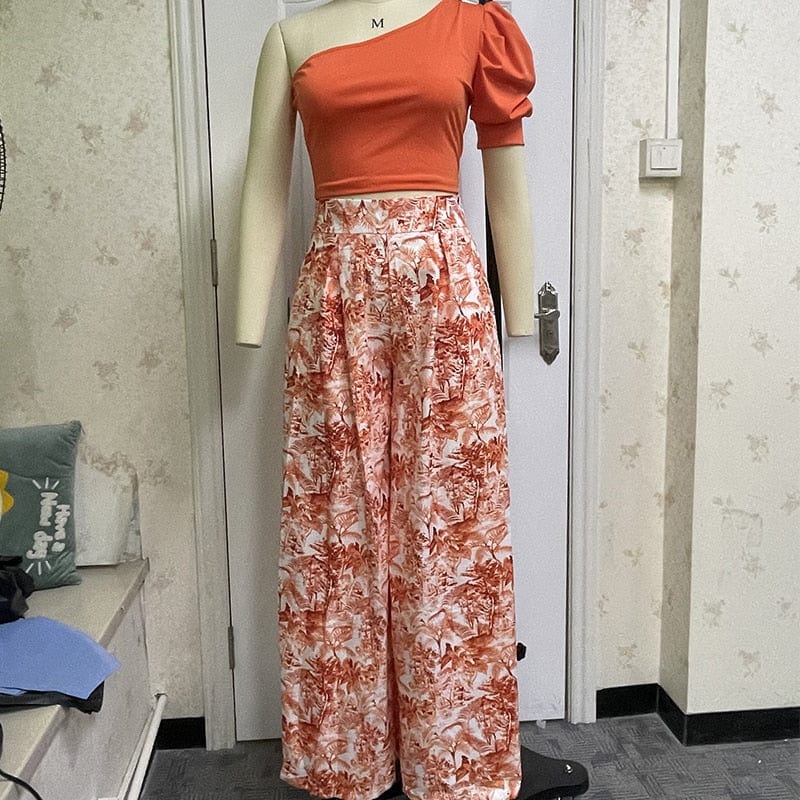 One-Shoulder Puff-Sleeve Top and Printed Pant Set