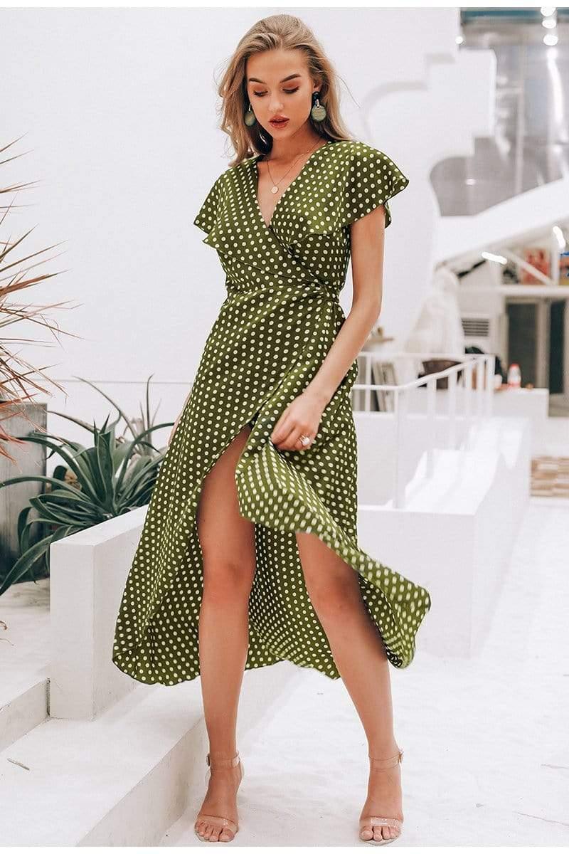 Polka dots print satin women summer dress - For Women USA