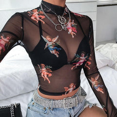 See Through Transparent Long Sleeve Ladies Turtleneck T-Shirt - For Women USA