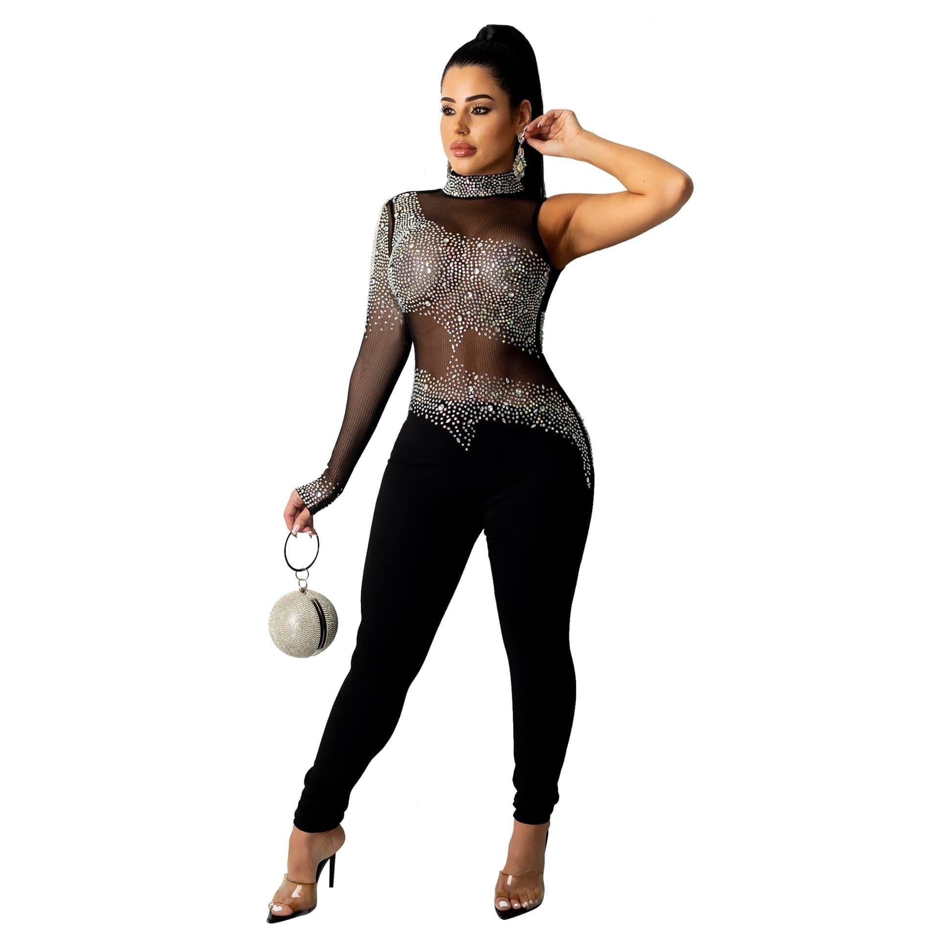 Sheer Mesh Diamond Party Jumpsuit - For Women USA