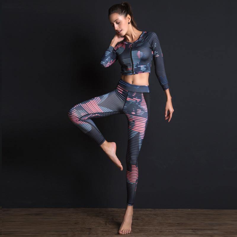Sport Suit Print Fitness Suit Leggings Breathable Yoga Set 2 Piece Zipper Sportswear T-shirt Sport Pants Tracksuit For Women - For Women USA