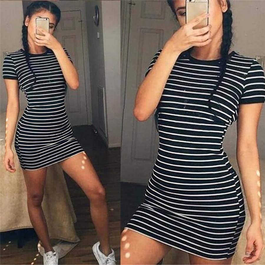 Summer Casual Striped O-neck Short-sleeved Dress - For Women USA