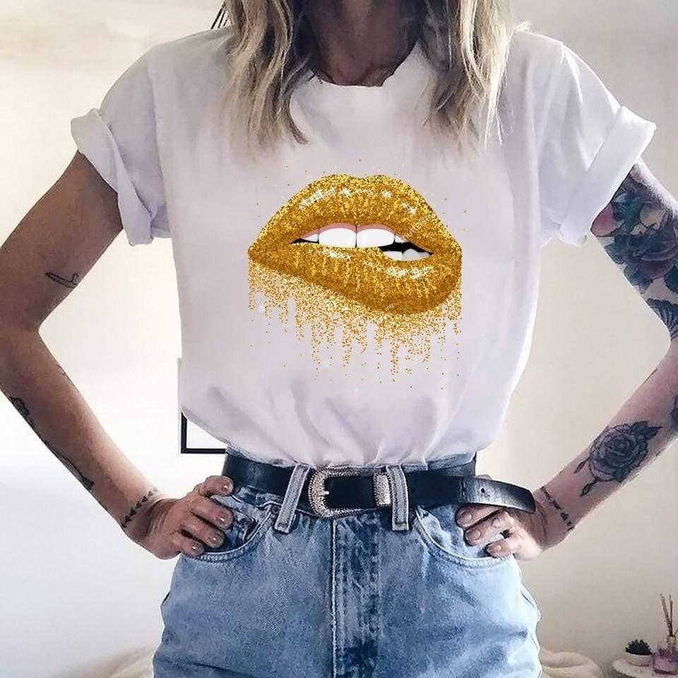 Women T Shirt Lips Leopard Funny Print Lips - For Women USA