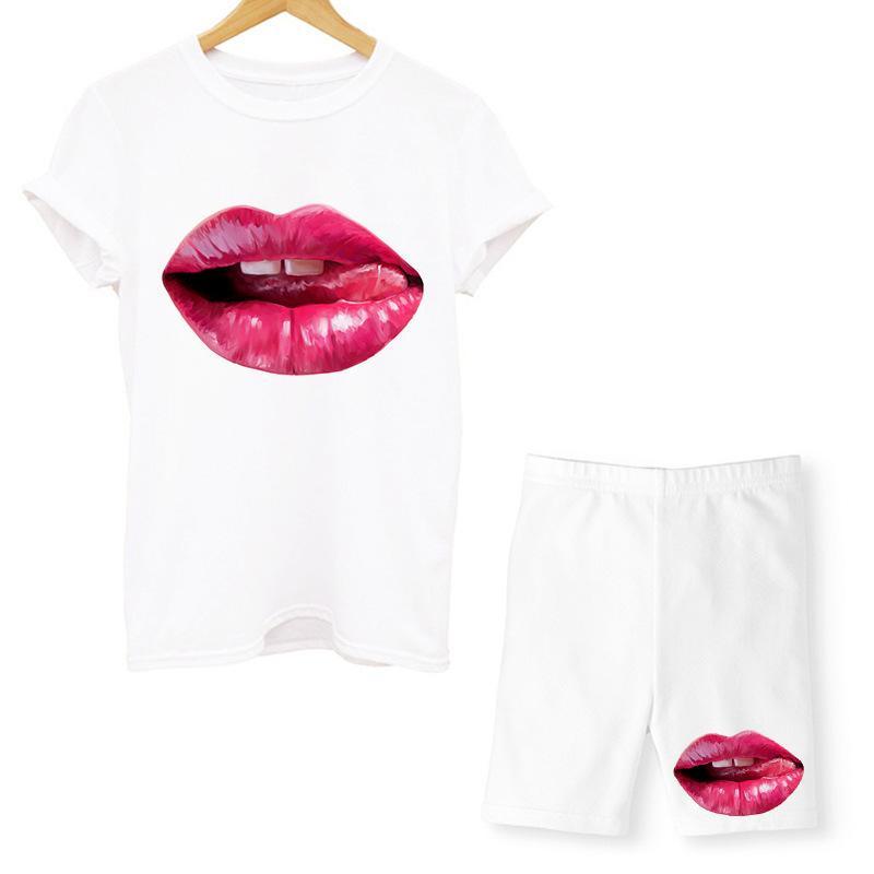 Women Two Piece Lips T Shirts And Shorts Summer Set - For Women USA