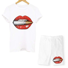 Women Two Piece Lips T Shirts And Shorts Summer Set - For Women USA