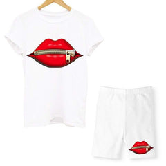 Women Two Piece Lips T Shirts And Shorts Summer Set - For Women USA